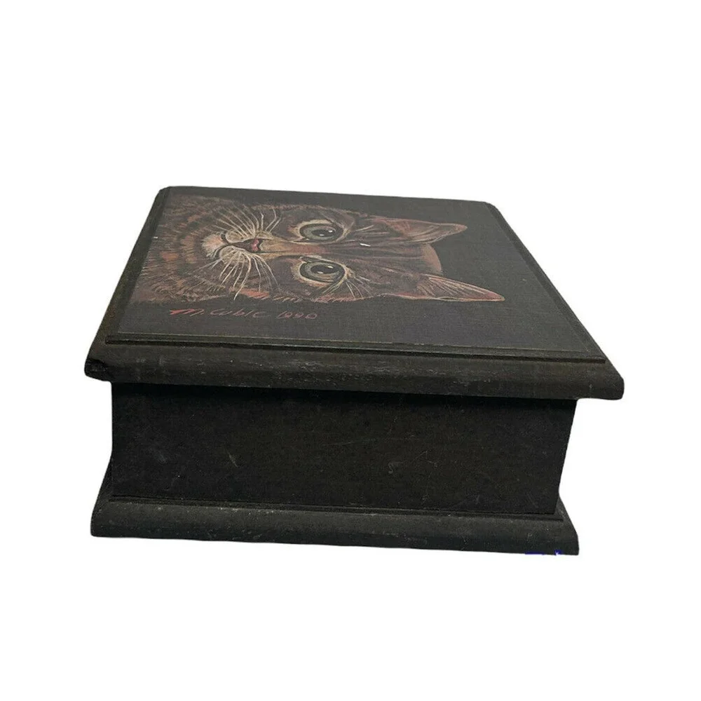 Vintage 1990 Hand Painted Artisan Black Wooden Cat Trinket Storage Box 7